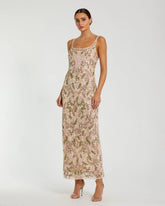 Pink Sleeveless Hand Beaded Floral Midi Dress